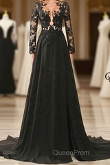 Black Long Sleeves Chiffon With Lace Evening Dresses, Black A-Line Party Dresses With Leg Slit