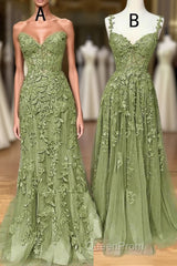 Lovely Sage Green Tulle With Lace Long Formal Dresses, Sweetheart Evening Prom Dresses