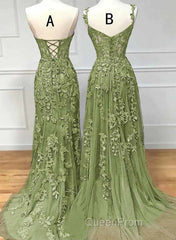 Lovely Sage Green Tulle With Lace Long Formal Dresses, Sweetheart Evening Prom Dresses