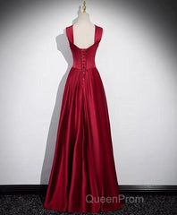 A-Line Sleeveless Wine Red Satin Evening Dresses, Wine Red Long Evening Prom Dresses