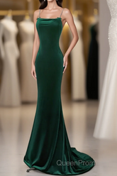 Green Velvet Mermaid Straps Long Formal Dresses, Green Evening Dresses Party Dresses
