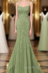Lovely Sage Green Straps Mermaid Long Formal Dresses, Lace-Up Evening Dresses Evening Prom Dresses