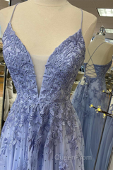 Lavender Tulle V-Neckline Long Party Dresses, Lavender Straps Evening Prom Dresses Formal Dresses