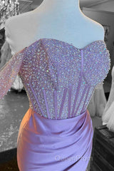 Lilac Beaded Off-the-Shoulder Long Formal Dresses with Slit