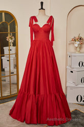 Red Bow Tie Straps A-line Satin Long Prom Dress