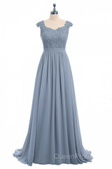 Dusty Blue Lace Cap Sleeve A-Line Floor-Length Bridesmaid Dresses
