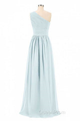 Dusty Blue Chiffon One-Shoulder Banded Waist Bridesmaid Dresses