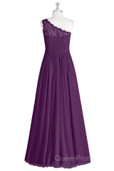 One-Shoulder Purple Lace A-Line Long Bridesmaid Dresses with Slit