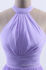 High Neck Lavender Chiffon Empire A-line Long Bridesmaid Dresses