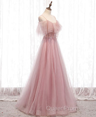 Pink Sweetheart Tulle Long Evening Prom Dresses, Pink Tulle Formal Dresses, 1