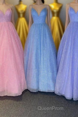 Cute V-Neck Tulle Long Evening Prom Dresses, A-Line Evening Dresses