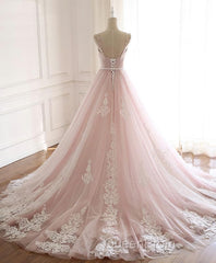 Pink Sweetheart Lace Tulle Long Evening Prom Dresses, Lace Pink Evening Dresses