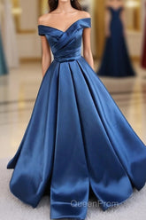 Simple Blue Satin Long Evening Prom Dresses, Blue Formal Dresses