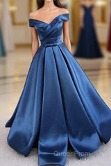 Simple Blue Satin Long Evening Prom Dresses, Blue Formal Dresses