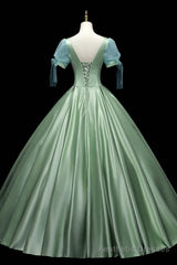 Green Satin Long A-Line Ball Gown, Green Short Sleeve Evening Gown