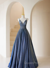 Blue V-Neckline Straps Low Back A-Line Evening Prom Dresses, Blue Long Evening Dresses