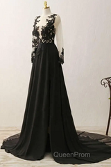 Black Long Sleeves Chiffon With Lace Evening Dresses, Black A-Line Party Dresses With Leg Slit