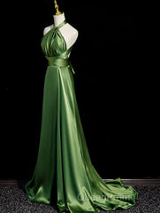 Green Soft Satin Halter Long Evening Dresses Party Dresses, Green A-line Evening Prom Dresses