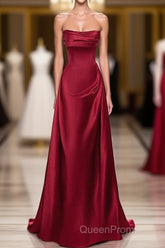 A-Line Sleeveless Wine Red Satin Evening Dresses, Wine Red Long Evening Prom Dresses