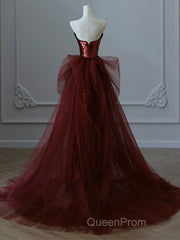 Wine Red Sequins and Tulle Beaded Long Party Dresses, Wine Red Evening Dresses