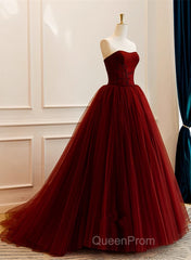 Wine Red Tulle Scoop Long Formal Dresses, Wine Red Tulle Evening Prom Dresses Party Dresses