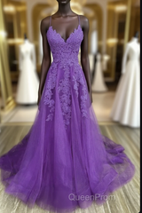 V-Neckline Purple A-Line Straps Long Evening Prom Dresses, Purple Long Evening Dresses Party Dresses