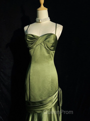 Green Chic Style Long Satin Sweetheart Party Dresses, Green Formal Dresses