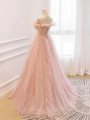 Pink Tulle Off The Shoulder A-Line Tulle Ruffles Floor-Length Evening Prom Dresses, Pink Long Party Dresses