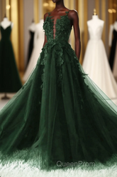 Green A-Line Tulle With Lace Low Back Evening Prom Dresses, Green Tulle Evening Dresses Party Dresses