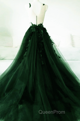 Green A-Line Tulle With Lace Low Back Evening Prom Dresses, Green Tulle Evening Dresses Party Dresses