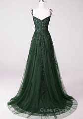 Dark Green Tulle With Lace Beaded Straps Evening Prom Dresses, Green Long Formal Dresses Party Dresses