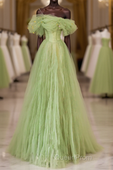Green Floor Length Simple Off Shoulder Long Formal Dresses, Green A-Line Evening Prom Dresses