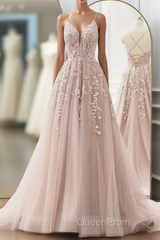 Pink Tulle With Lace Straps Long Party Dresses, Pink Tulle Evening Prom Dresses Evening Dresses