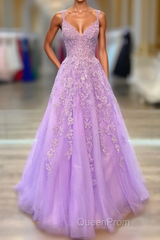 A-Line Tulle Princess Light Purple Evening Prom Dresses With Appliques, Tulle Straps Formal Dresses