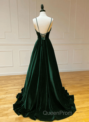 Green V-Neckline Straps Lace-Up A-Line Evening Prom Dresses, Green Velvet Long Evening Prom Dresses