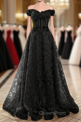 A-Line Off Shoulder Black Tulle With Lace Party Dresses, Black Long Evening Prom Dresses