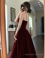 A-line Straps Wine Red Velvet Long Formal Dress, Wine Red Prom Dress