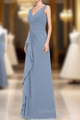 Dusty Blue V-Neck Banded Waist Ruffled Long Bridesmaid Dresses