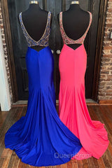 Royal Blue V-Neck Open Back Mermaid Long Evening Prom Dresses