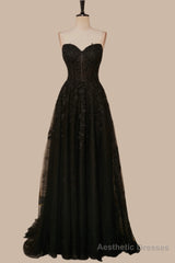 Black Strapless A-line Appliques Tulle Long Prom Dress