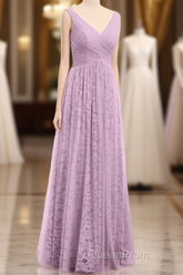 Dusty Purple Chiffon Jacquard V-Neck A-Line Long Bridesmaid Dresses