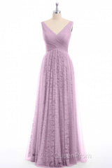 Dusty Purple Chiffon Jacquard V-Neck A-Line Long Bridesmaid Dresses