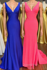Royal Blue V-Neck Open Back Mermaid Long Evening Prom Dresses