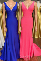 Royal Blue V-Neck Open Back Mermaid Long Evening Prom Dresses