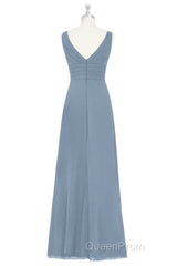Dusty Blue V-Neck Banded Waist Ruffled Long Bridesmaid Dresses