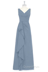 Dusty Blue V-Neck Banded Waist Ruffled Long Bridesmaid Dresses
