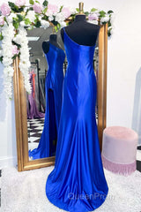 One-Shoulder Royal Blue Mermaid Long Dresses with Slit