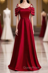 Burgundy Satin Beads Long Evening Prom Dresses, Burgundy Evening Dresses