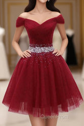 Burgundy Tulle Sequin Short Evening Prom Dresses, Burgundy Homecoming Dresses, 1