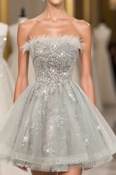 Gray Sweetheart Lace Tulle Short Evening Prom Dresses, Gray Cocktail Dresses